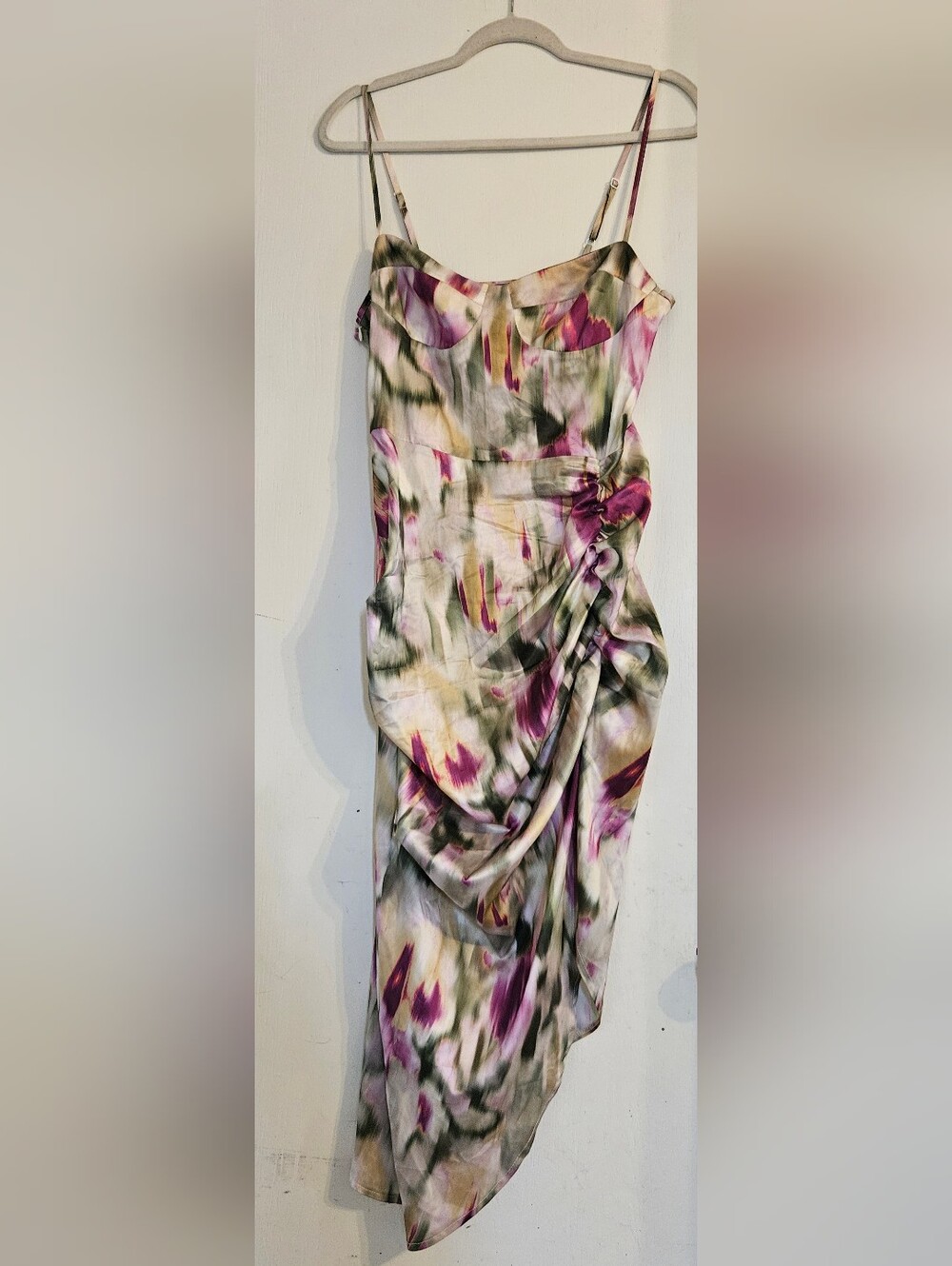 Cider Floral Satin Feel Ruched Asymmetrical Dress Size M